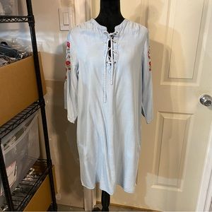 Boho Dress Women’s Large Embroidered Chambray Midi Long embroidered sleeves Lace